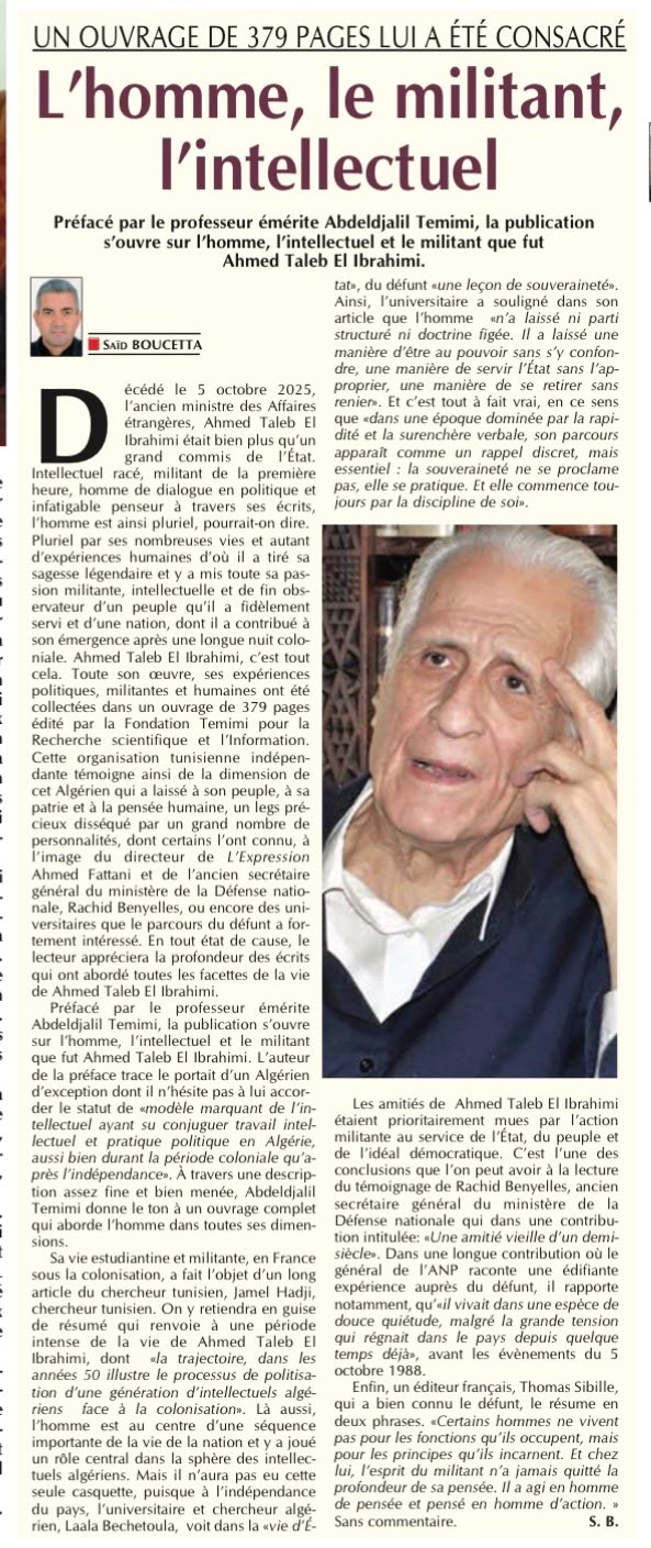 Extrait de l'article de L'Expression, L'homme, le militant, l'intellectuel